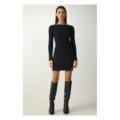 Happiness İstanbul Women's Black Mini Slit Ribbed Knitted Dress