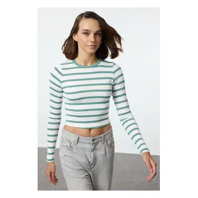 Trendyol Mint Striped Premium Viscose Soft Fabric Fitted Crop Stretchy Knitted Blouse