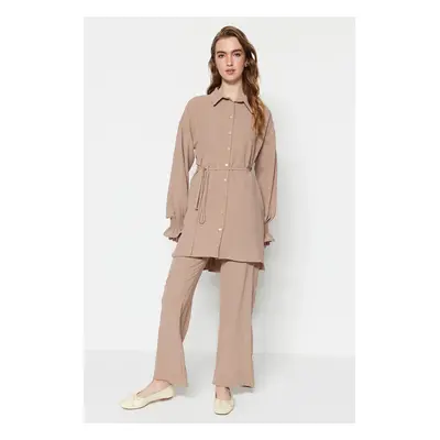 Trendyol Beige Weave Aerobin Shirt-Pants Set with a Belt