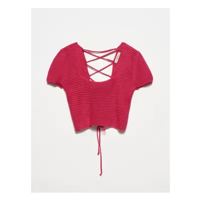 Dilvin Fuchsia Square Neck Laced Back Short Sleeve Sweater