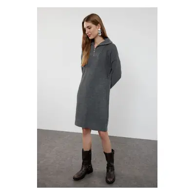 Trendyol Anthracite Mini Knitwear Zipper Dress