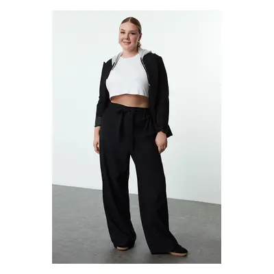 : Trendyol Curve Black Elastic Elastic Waist Belted Wide Leg Woven Plus Size Trousers