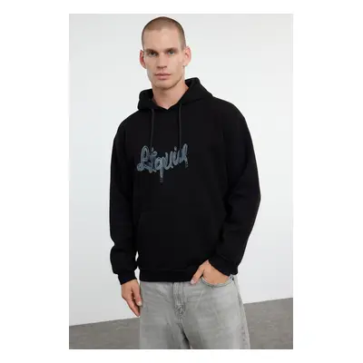 Trendyol Black Oversize/Wide Cut Text Printed Inside Fleece/Warm Hooded Sweatshirt