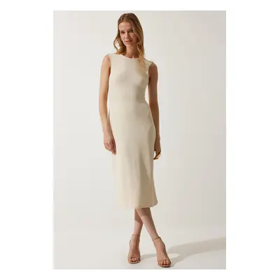 Happiness İstanbul Women's Cream Decollete Ribbed Knitted Dress