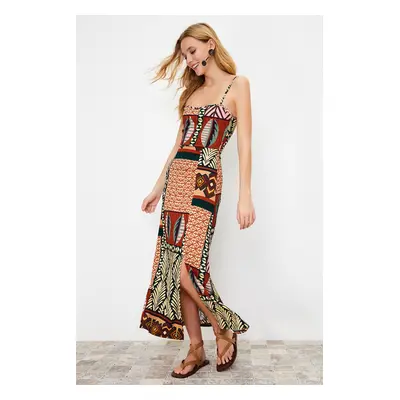 Trendyol Printed Strappy Crepe/Textured Knit Midi Dress with Multi-Colored Adjustable Straps