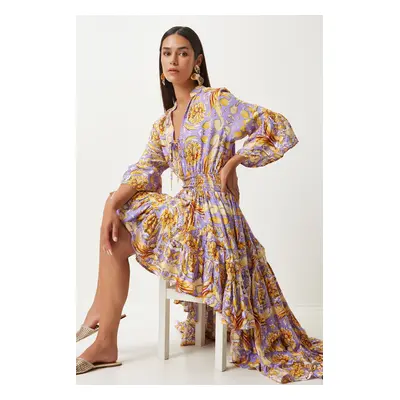 Happiness İstanbul Women's Lilac Yellow Patterned Asymmetrical Summer Long Viscose Dress