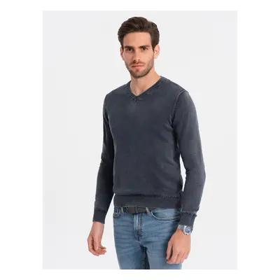 Ombre Washed men's sweater with v-neck - navy blue