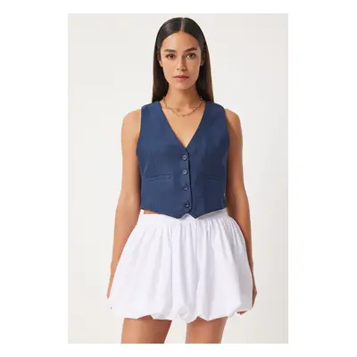 Happiness İstanbul Women's Navy Blue Linen Short Vest