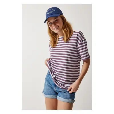 Happiness İstanbul Women's Lilac Crew Neck Striped Oversize Knitted T-Shirt