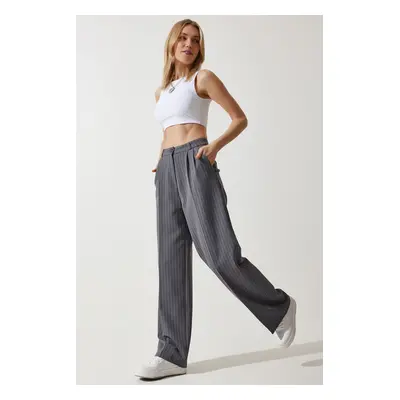 Happiness İstanbul Women's Gray Slim Striped Masculine Palazzo Pants