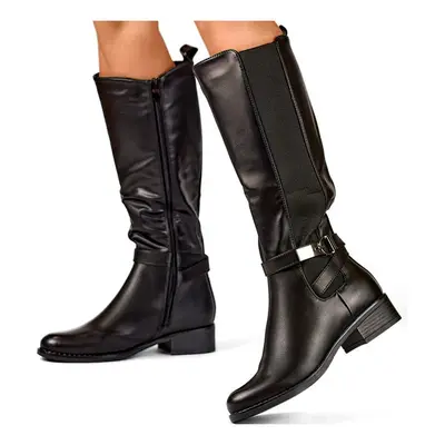 primohurt Black eco-leather boots, women's knee-high boots, elastic upper