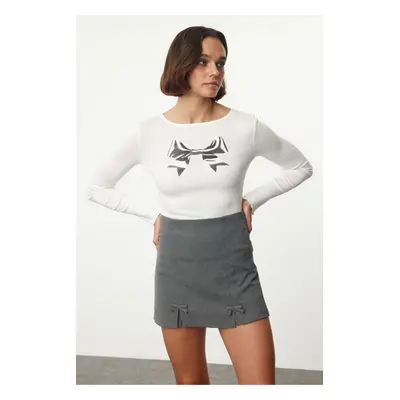 Trendyol Gray Bow Detailed Slit Mini Woven Shorts Skirt