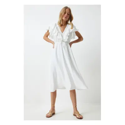 Happiness İstanbul Women's White Flounce Summer Elastic Knitted Dress