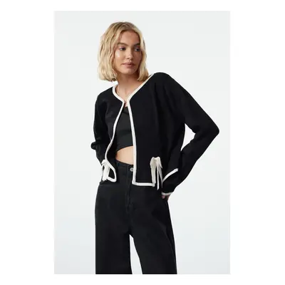 Trendyol Black Ribbon/Bow Detailed Crop Jacket Look Knitwear Cardigan