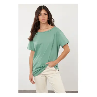 Trendyol Mint 100% Cotton Boyfriend Boat Neck Knitted T-Shirt