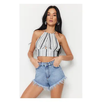 Trendyol Striped Crop Woven Cut Out/Window Linen Look Blouse