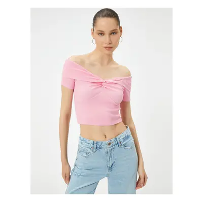 Koton Crop Off the Shoulder Madonna Collar T-Shirt Ribbed Short Sleeve Knot Detail