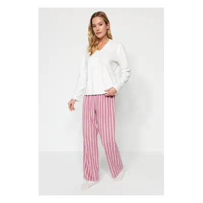 Trendyol White Striped Fleece Winter Knitted Pajamas Set