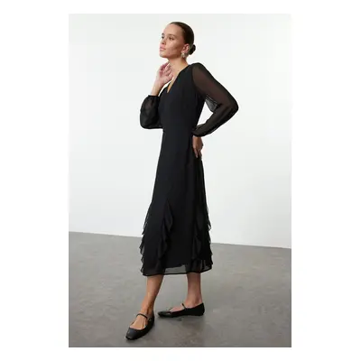 Trendyol Black Ruffled Chiffon Midi Woven Dress