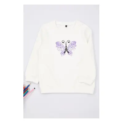 Trendyol Ecru Girl Seasonal-Thin Butterfly Patterned Crew Neck Cotton Sweatshirt