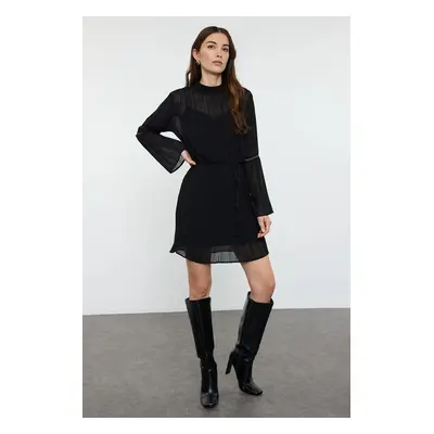 Trendyol Black Belted Pleated Mini Woven Winter Dress with Opening Waist Skirt