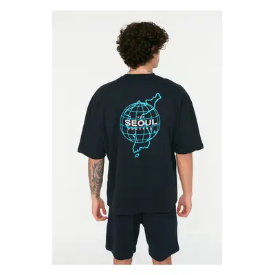 Trendyol Navy Blue Oversize/Wide Cut Seoul City Printed Short Sleeve 100% Cotton T-Shirt