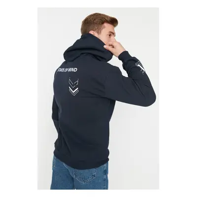 Trendyol Navy Blue Oversize/Wide Cut Text Printed Inside Fleece/Warm Sweatshirt