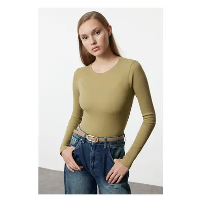 Trendyol Khaki Ribbed Crew Neck Fitted Cotton Stretchy Knitted Blouse