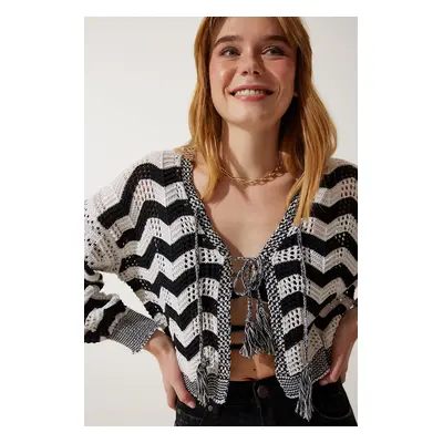 Happiness İstanbul Women's Cream Black Striped Openwork Seasonal Knitwear Cardigan