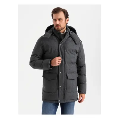 Ombre Men's long warm parka jacket with wool - black melange