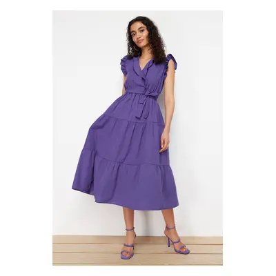 Trendyol Purple Belted A-line Double Breasted Collar Midi Woven Dress