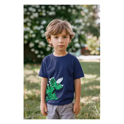 Trendyol Navy Blue Boy Dinosaur Patterned Cotton Knitted T-Shirt