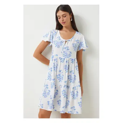 Happiness İstanbul Women's White Blue Floral Summer Flared Viscose Dress