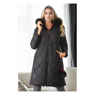 Z6646 DEWBERRYN FUR POMPOM LADIES' COAT-BLACK-1