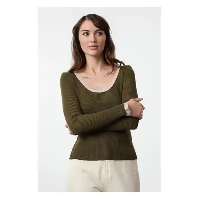 Trendyol Green Ribbed Pool Collar Color Block Knitwear Sweater