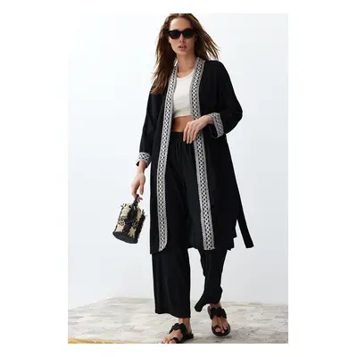 Trendyol Black Embroidered Detailed Belted Woven Kimono-Pants Set