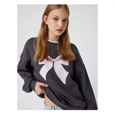 Koton Oversize Sweatshirt Bow Printed Crew Neck Raised