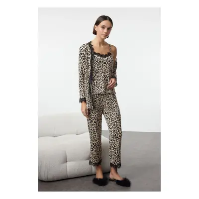 Trendyol Leopard 3-Pack Tie and Lace Detailed Ribbed Knitted Pajama Set