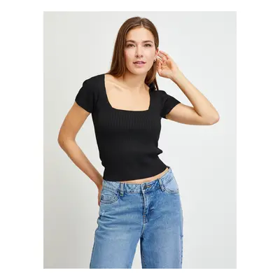 Black Women Ribbed Cropped T-Shirt Guess - Women