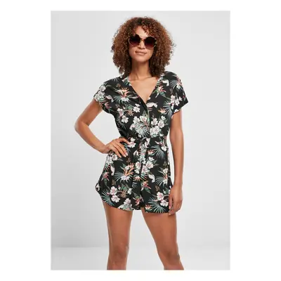 Women's jumpsuit with short viscose strap in tropical black