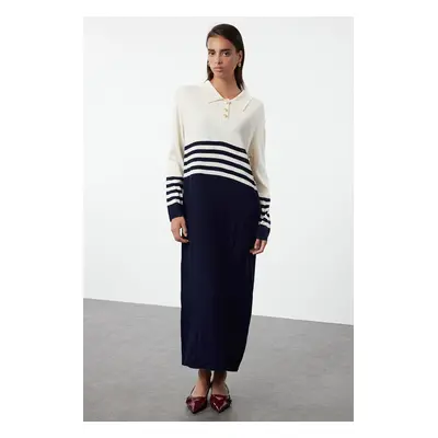 Trendyol Beige Buttoned Navy Blue Color Block Knit Dress