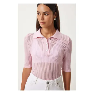 Happiness İstanbul Women's Pink Polo Neck Lightly Transparent Knitwear Blouse