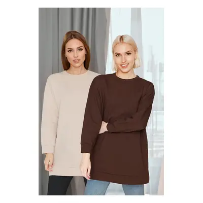 Trendyol Brown-Beige 2-Pack Crew Neck Basic Knitted Sweatshirt