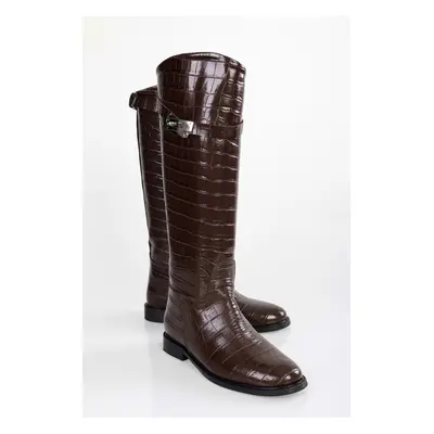 Shoeberry Women's Matia Brown Crocodile Rider Long Boots