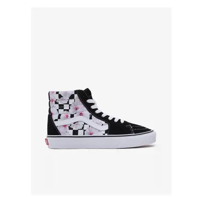 White and Black Women's Flowered Sneakers with Leather Details VANS SK8-Hi - Ladies