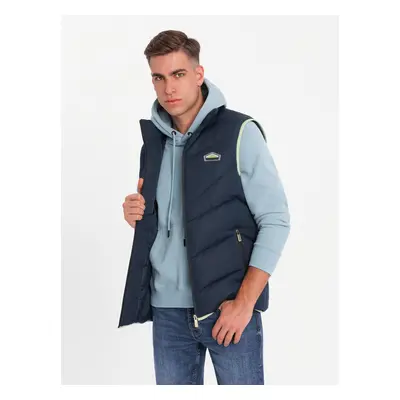 Ombre Men's quilted sleeveless jacket with neon accents - navy blue