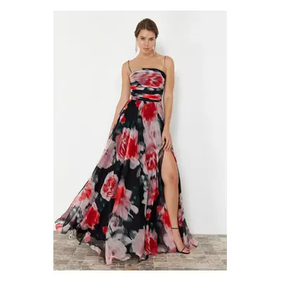 Trendyol Fuchsia-Multicolored Floral Woven Long Evening Dress