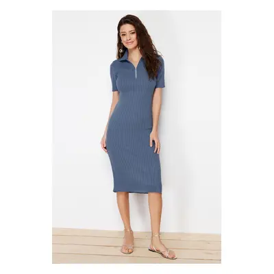 Trendyol Indigo Midi Knitwear Polo Collar Dress