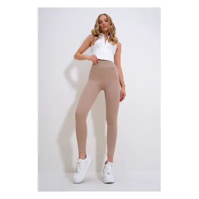 Trend Alaçatı Stili Women's Beige High Waist Ribbed Lycra Leggings