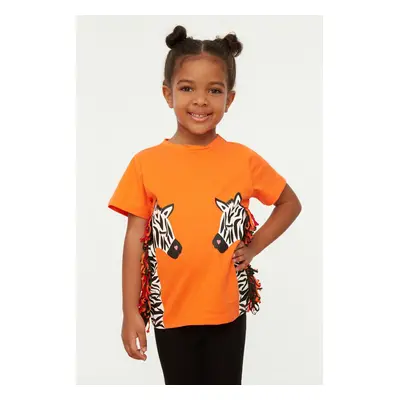 Trendyol Orange Girl Tassel Zebra Patterned Crew Neck Cotton Knitted T-Shirt